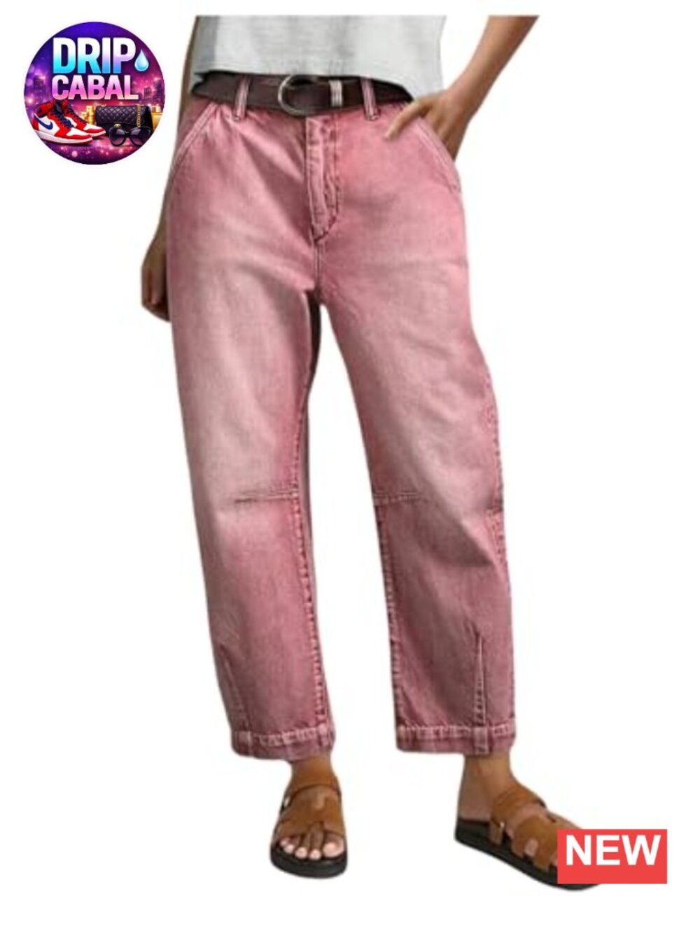 Cropped Barrel Jeans Mid Rise Stretch Women Denim Pants with Pockets